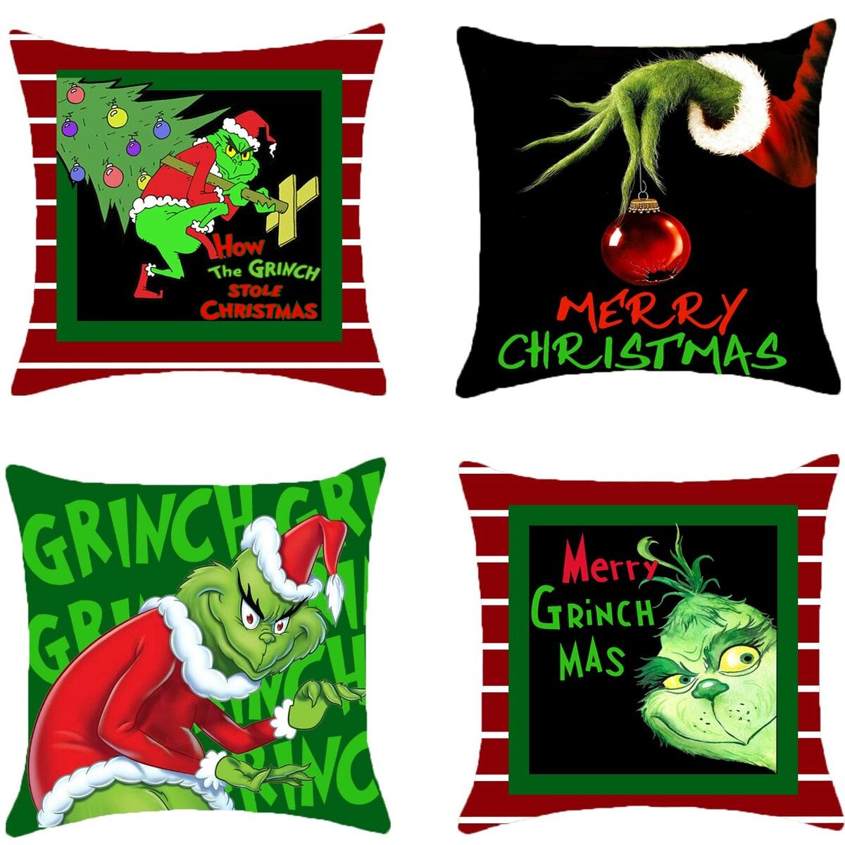 Christmas Pillow Covers 18x18 inch Set of 4 for Christmas Decorations Winter Xmas Farmhouse Pillow case,Merry Grinchmas Throw Pillow Covers Cotton Linen Pillow Case Grinch Holiday Decor for Home