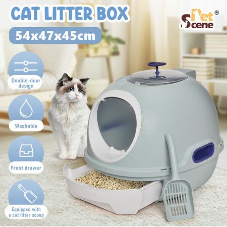 Cat Litter Tray Box Kitty Enclosed Large Pet Toilet Top Entry Furniture Foldable Removable Covered Hooded Plastic With Scoop Blue