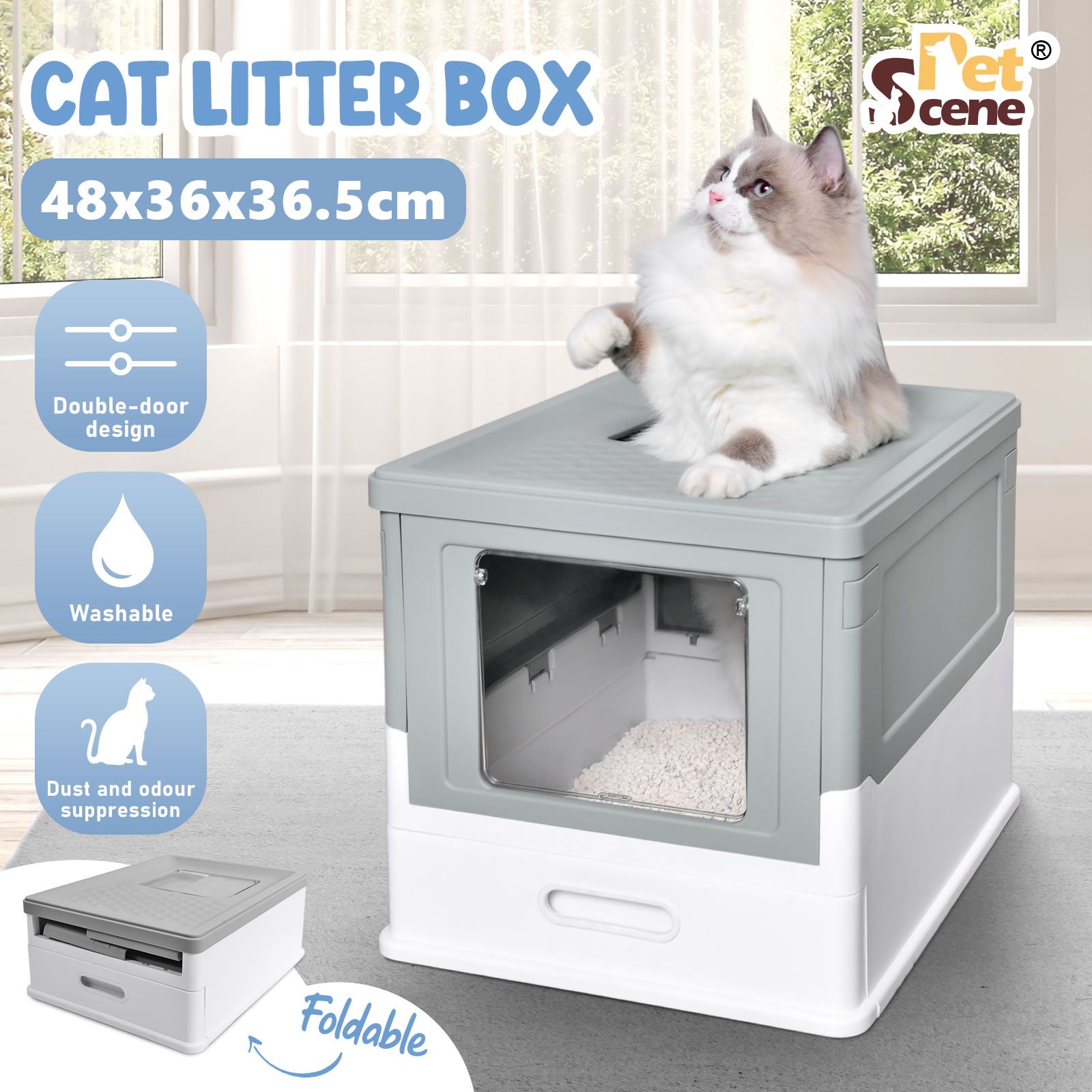 Cat Litter Tray Box Kitty Enclosed Large Pet Toilet Top Entry Furniture Foldable Removable Covered Hooded Plastic Grey