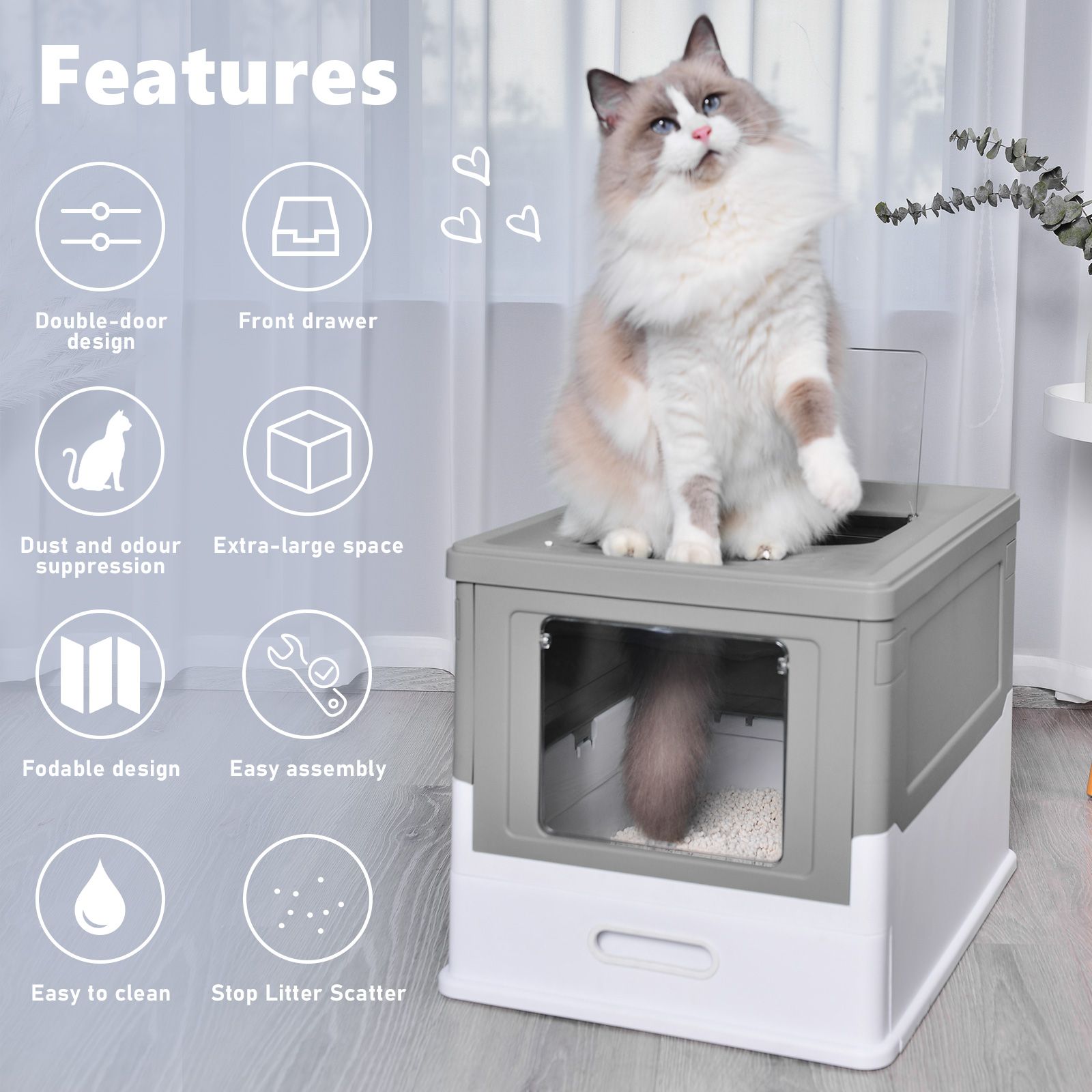 Cat Litter Tray Box Kitty Enclosed Large Pet Toilet Top Entry Furniture Foldable Removable Covered Hooded Plastic Grey