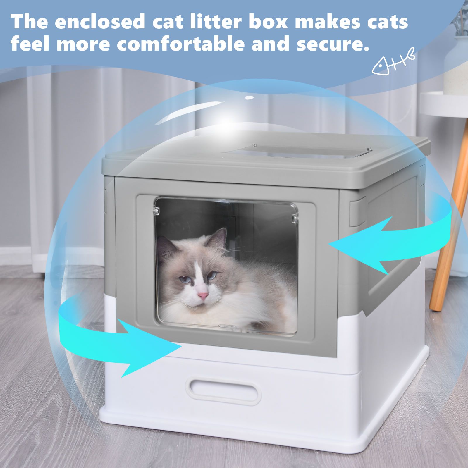 Cat Litter Tray Box Kitty Enclosed Large Pet Toilet Top Entry Furniture Foldable Removable Covered Hooded Plastic Grey