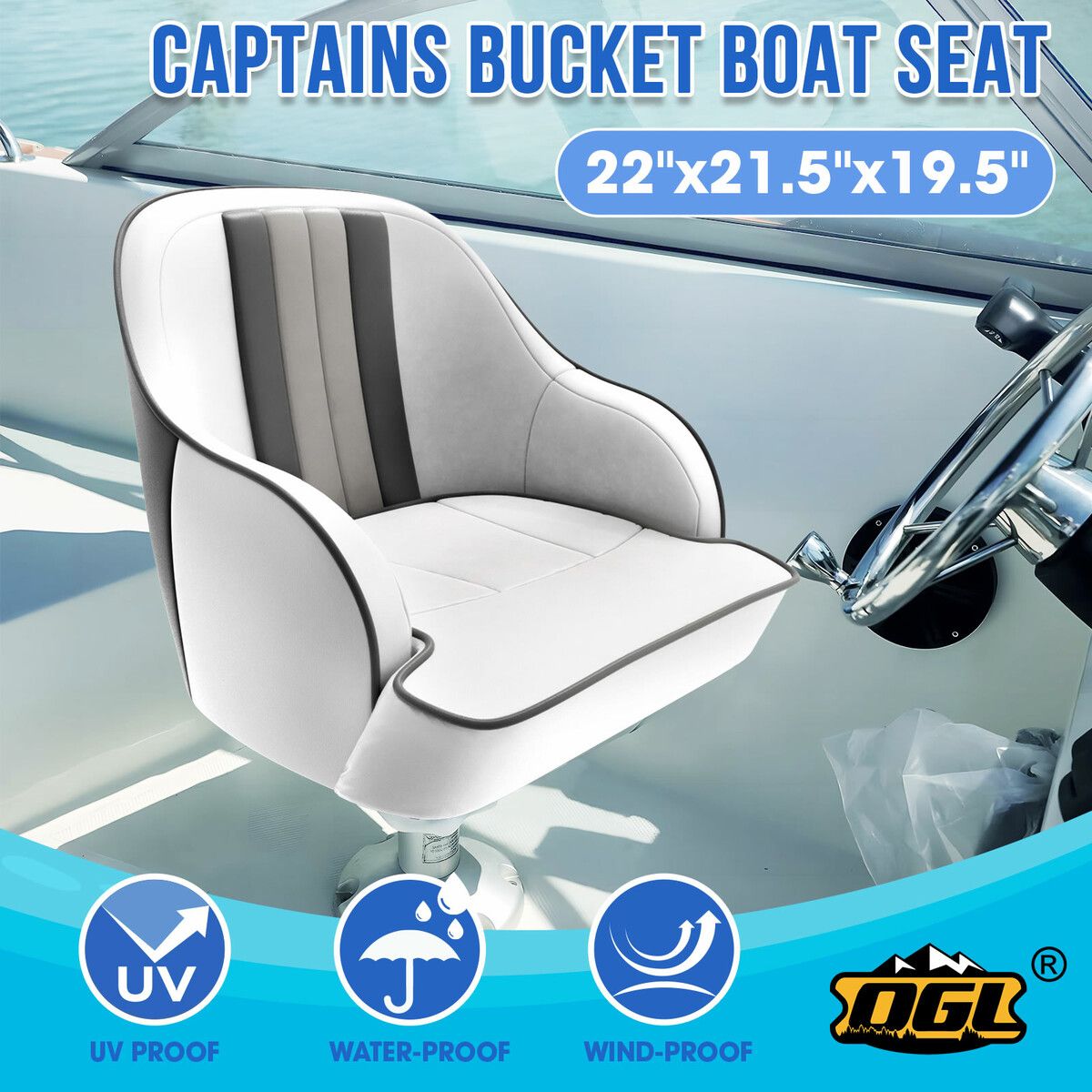 OGL Boat Seat Chair Bucket Marine Helm Pontoon Captain Vinyl Upholstery Foam Cushion UV Water Wind Proof 19.5x22x21.5 Inches