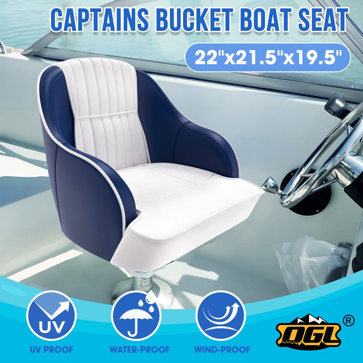 OGL Boat Seat Chair Helm Bucket Marine Captain Pontoon Foam Cushion Vinyl Upholstery Water UV Wind Proof 19.5x22x21.5 Inches