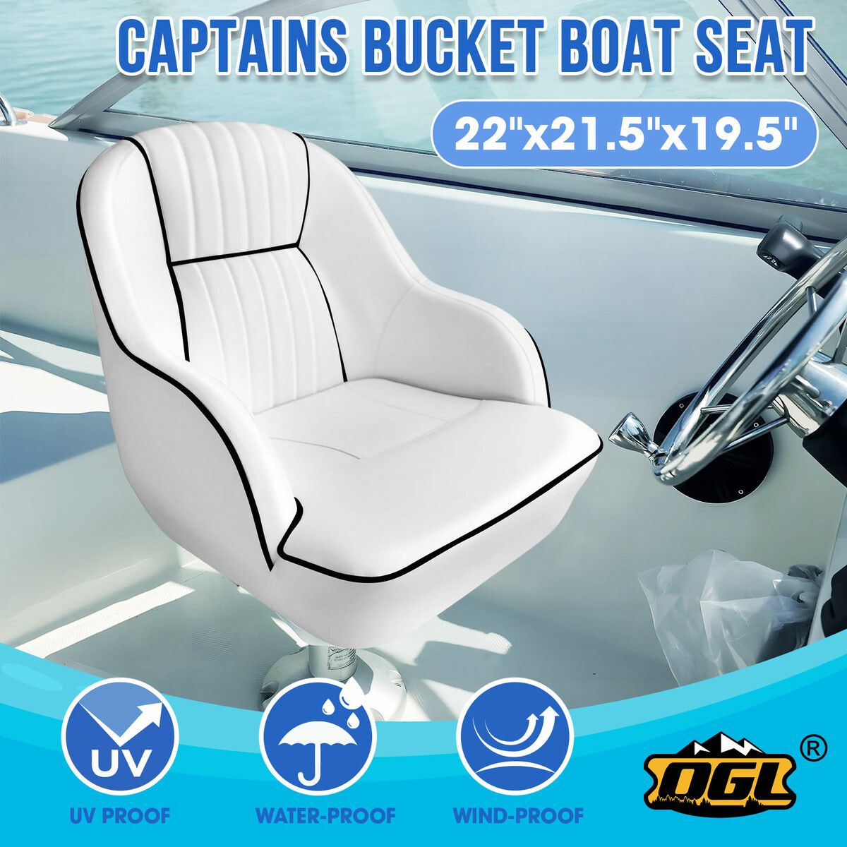 OGL Boat Seat Chair Bucket Helm Marine Pontoon Captain Vinyl Upholstery Foam Cushion UV Water Wind Proof 19.5x22x21.5 Inches