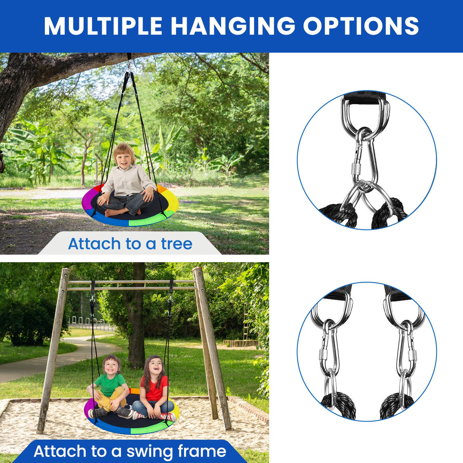 Tree Swing Seat Chair Set Childrens Hanging Outdoor Indoor Round Flying Saucer Playset Outsides Garden Camping 2 Sides Disc Straps Carabiners Kidbot