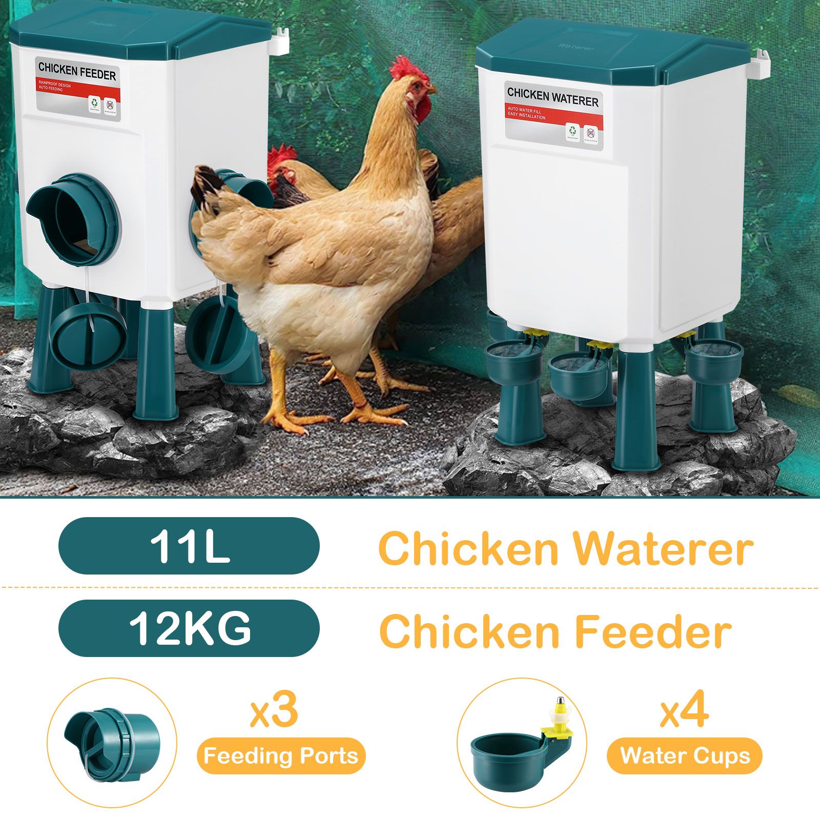 Chicken Water Feeder Treadle Poultry Feeding 12KG Large Capacity 11L  Waterer Set Automatic Food Dispense Rat
