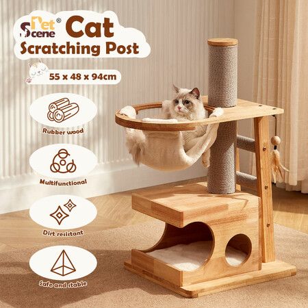 Cat Tree Hammock Condo Wooden Tower Sisal Scratching Post Stand Dangling Toy Feather Climbing Ladder Play Gym Pet Furniture Cushion 94cm Tall