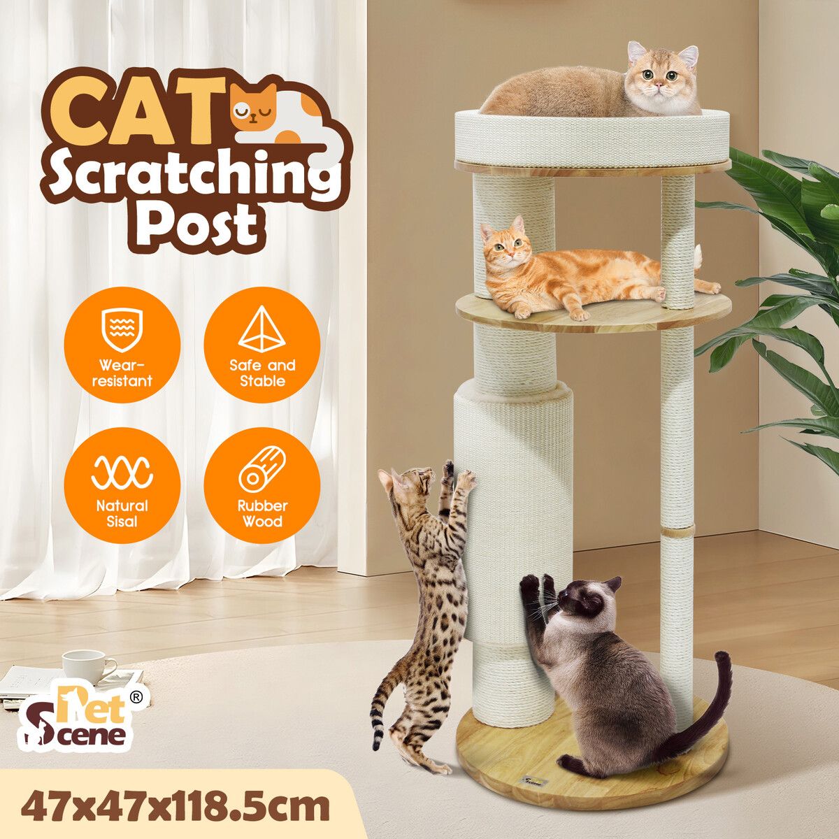 3-Level Cat Tree Perch Scratching Post Climbing Tower Sisal Scratcher Play Gym Wooden Pet House Furniture 118.5cm