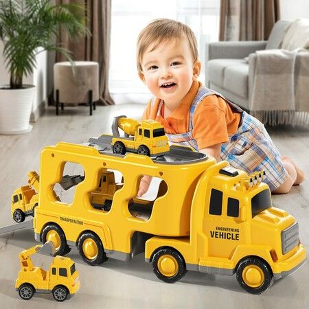 5pcs Cars Toys Toddlers Boys Girls Gift Trailer  Transport Truck Pull Back Trucks, Carrier Steering Construction Truck Carrier