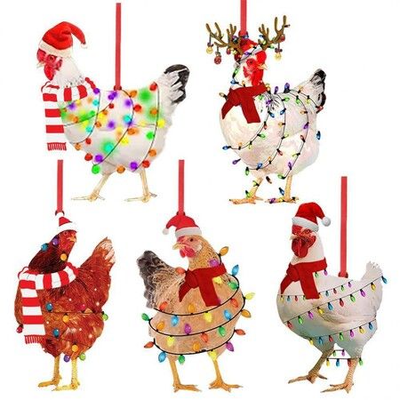 5pcs Acrylic Christmas Chicken Ornament Funny Rooster Hens with Scarf Decor Tree Hanging Ornaments Christmas Decorations for Tree,Car Pendant