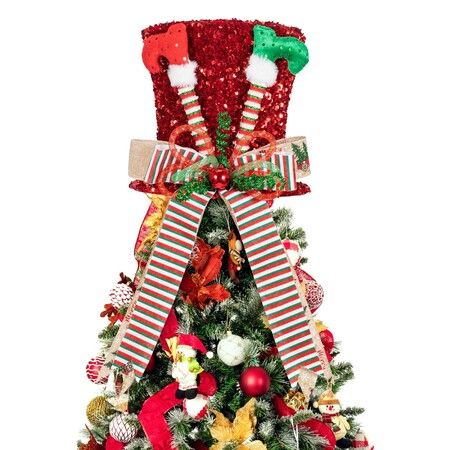 Christmas Tree Topper - Elf Legs Tree Topper Hat Large Red Sequins Velvet Bowler Derby Hat with Lengthened Bow Ribbon Christmas Tree Ornaments for Holiday Home Decor Xmas Gift Ideas