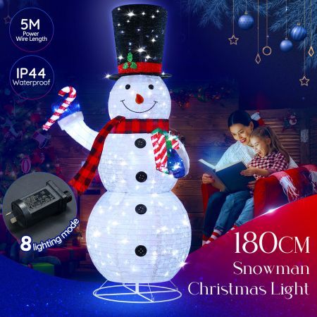 180cm Snowman Christmas Light Outdoor Decor LED Fairy String Ornament Top Hat Candy Cane Xmas Gift Box Collapsible Figurine Holiday 8 Flash Modes