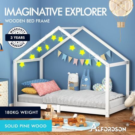 ALFORDSON Kids Bed Frame Wooden Timber Single House Frame Candice White
