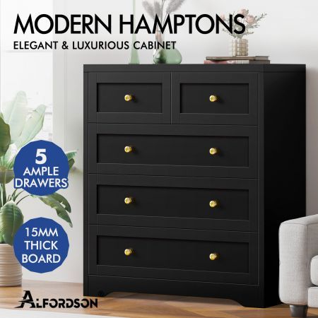 ALFORDSON 5 Chest of Drawers Hamptons Storage Cabinet Dresser Tallboy Black