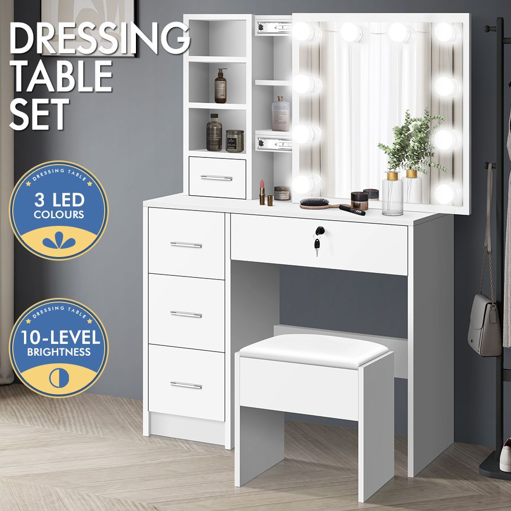 ALFORDSON Dressing Table Stool Set Makeup Storage Desk LED 10 Bulbs White