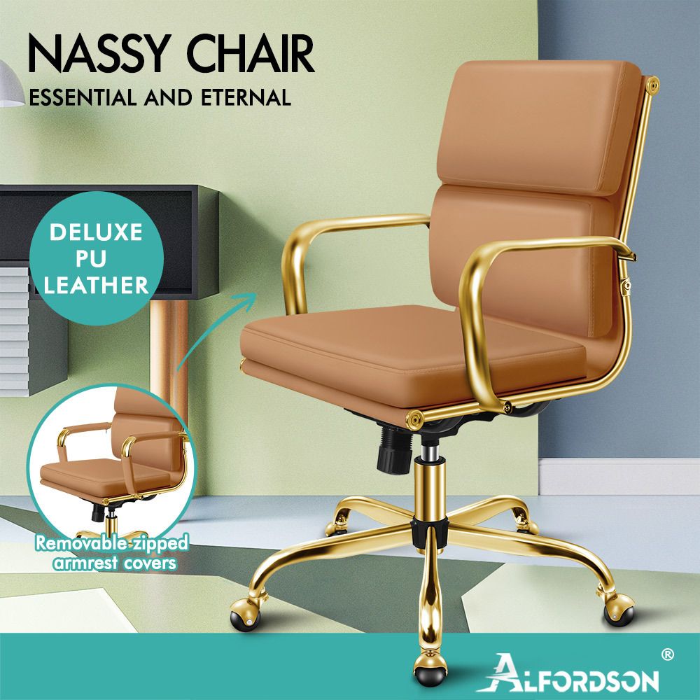 ALFORDSON Office Chair Ergonomic Paddings Executive Computer Seat Mid Back Gold and Brown