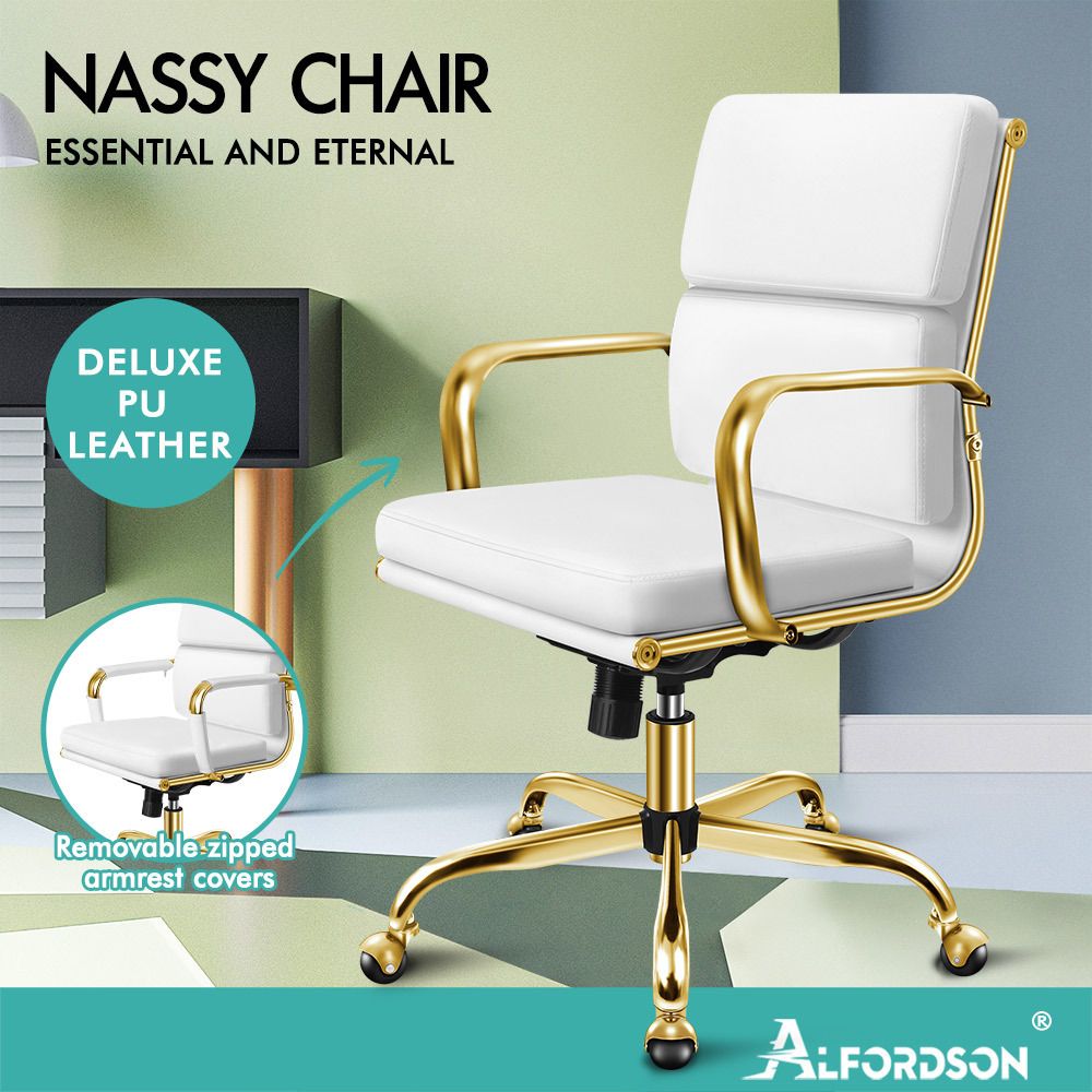 ALFORDSON Office Chair Ergonomic Paddings Executive Computer Work Seat Mid Back Gold and White