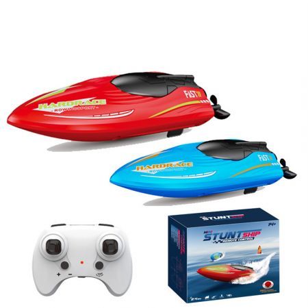 RTR 2.4G RC Boat Stunt Mini Speedboat LED Light 360 Rotation Remote Control Racing Ship Waterproof Kids Children Vehicle Blue
