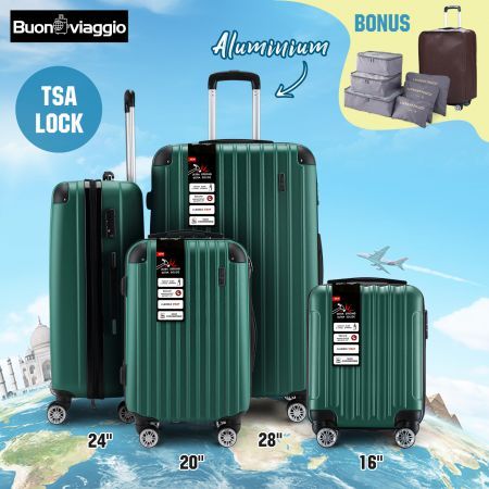 4 Piece Luggage Set Travel Suitcase Traveller Bag Carry On Lightweight Checked Hard Shell Trolley TSA Lock Green
