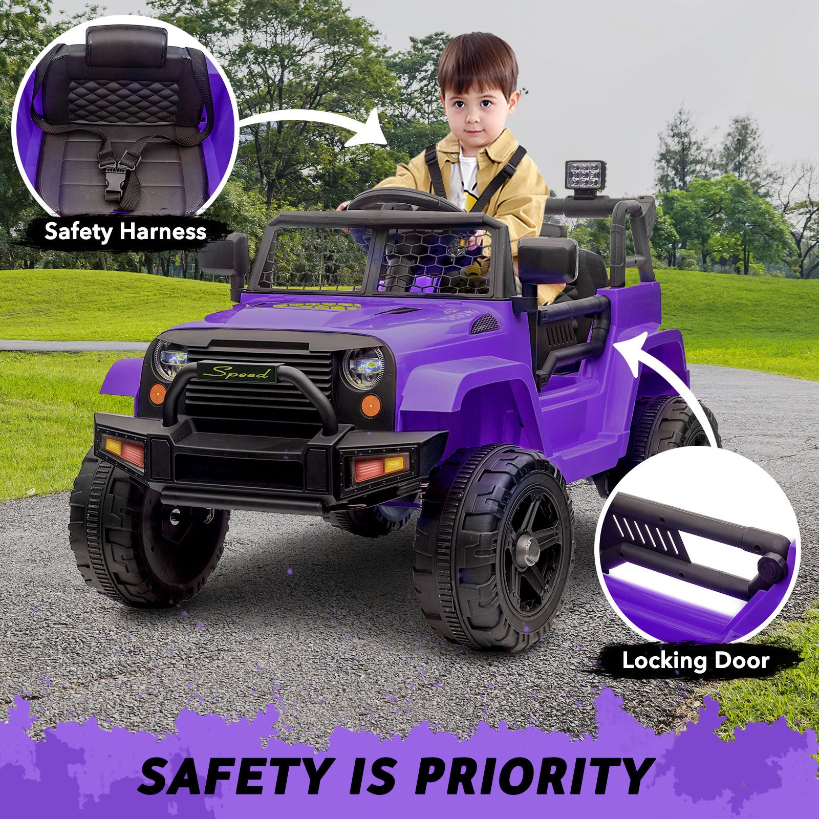 Kids Electric Car Ride On Truck Remote Control Toy Jeep Vehicle 12V Purple Children Spring Suspension LED AUX Port