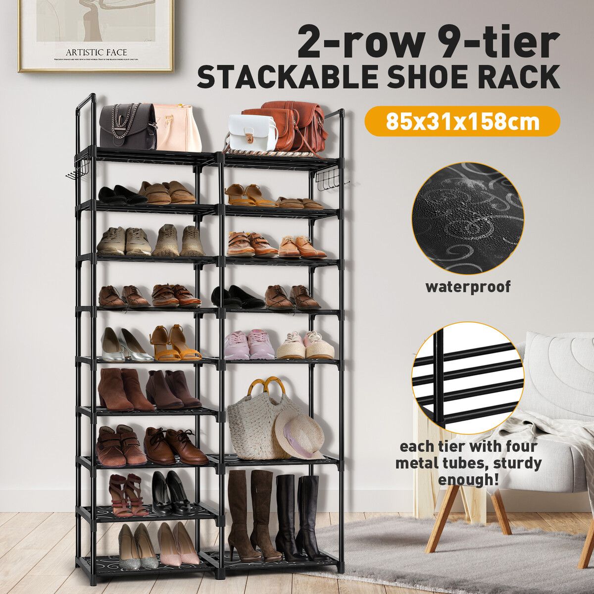 9 Tiers Metal Shoe Rack Storage Organiser Shelving 40 Pairs Shoes Cabinet Display Shelves DIY Corner Stand Closet Entryway Hallway Cloakroom