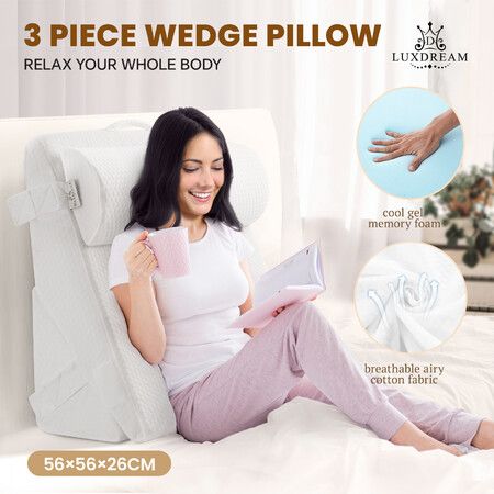 Bed Wedge Pillow Set Triangle Sofa Cushion Neck Back Head Knee Support Memory Foam Cool Gel Leg Elevation Pregnancy Side Sleep Adjustable