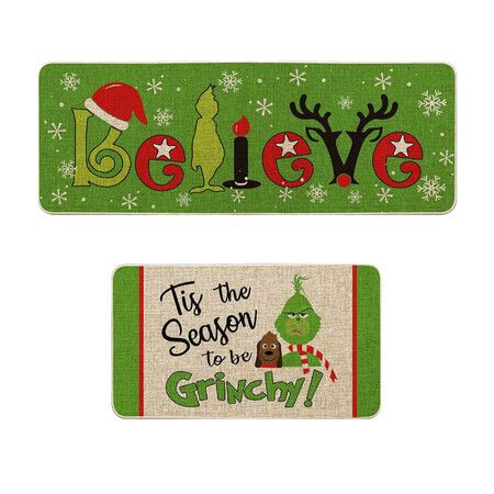 Grinch Christmas Decorations Kitchen Rugs and Mats Set of 2, The Grinch Decor of Winter Holiday Party and Home Kitchen(40*60+40*110CM)