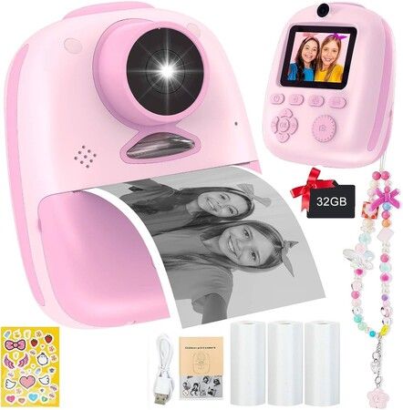 Instant Print Camera,1080P Dual Front and Rear Digital Cameras,Includes 3 Rolls of Photo Paper,32GB Card,Beautiful Pendant - Gift for Children Ages 3+,Pink