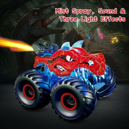 Remote Control Dinosaur Car 360° Rotating with Spray Light & Sound 2.4 GHz All Terrain Monster trucks Toys for Kids Ages 6+(Red)