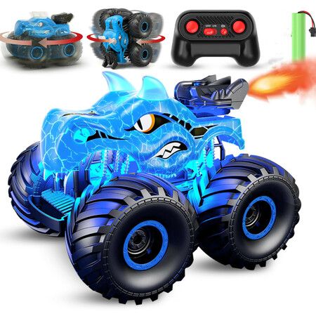 Remote Control Dinosaur Car 360° Rotating with Spray Light & Sound 2.4 GHz All Terrain Monster trucks Toys for Kids Ages 6+(Blue)