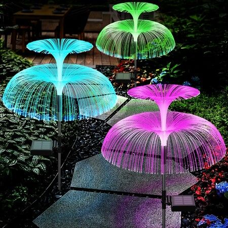 3pcs Solar Garden Lights Outdoor Decorative Waterproof Changing Flower Double-Layer Jellyfish Solar Yard Lights, Outside 7 Color Changing Decoration Fiber Light for Landscape Pathway Patio