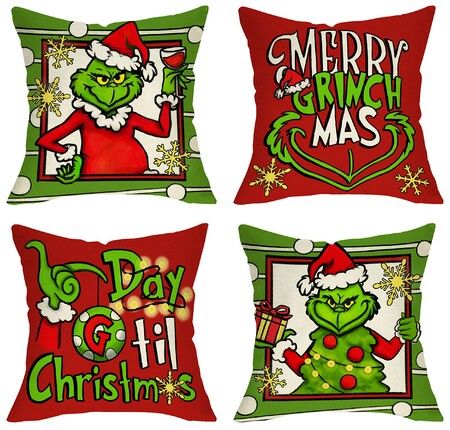 Christmas Decorative Throw Pillow Cover 18 x 18 Set of 4 Xmas Hat Winter Holiday Porch Patio Pillowcase Cushion Case Home Decor