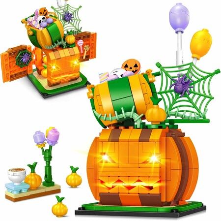 Halloween Pumpkin Building Toy with LED Light, 335 PCS Halloween Pumpkin Candy House Building Blocks Set for Boys Girls 6 7 8 9 10 11 12+ Years Old