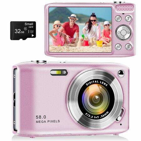 48MP Point and Shoot Digital Camera with Macro Mode,1080P HD Compact Digital Camera with Flash 16x Zoom Anti Shake 2.88 inch IPS Screen Small Digital Camera 32GB SD Card for Teens Kids Seniors (Pink)