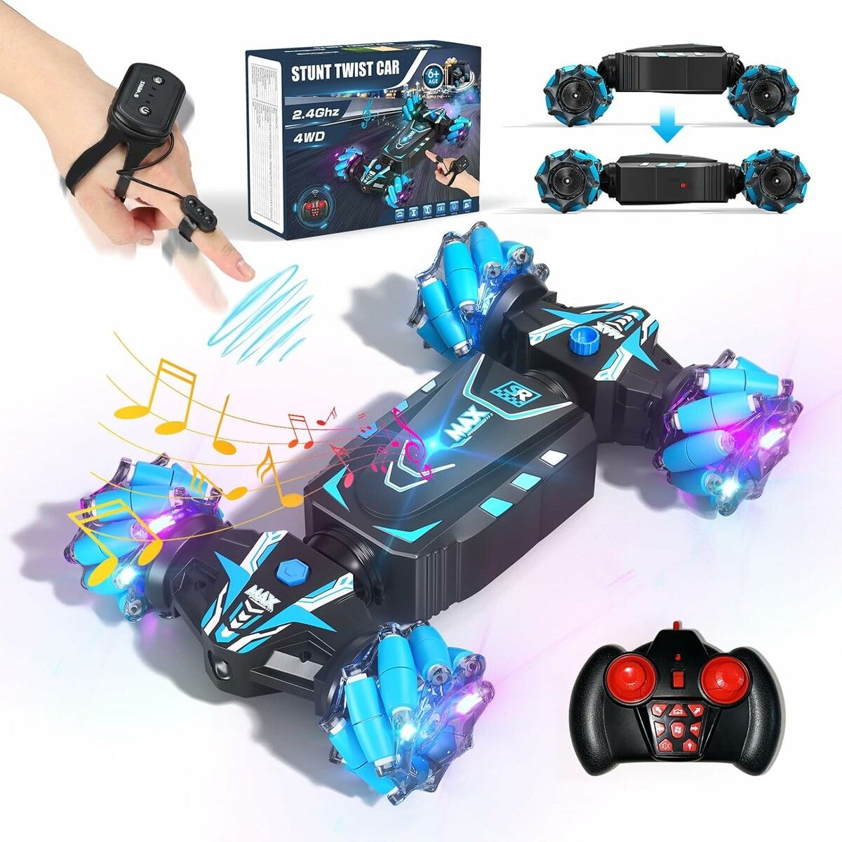 RC Stunt Car with Spray, Lights and Music for Kids Ages 6-13, 4WD 2.4GHz Off-Road Vehicle 360° Rotation Double-Sided Crawler Toy, Gifts for Boys and Girls