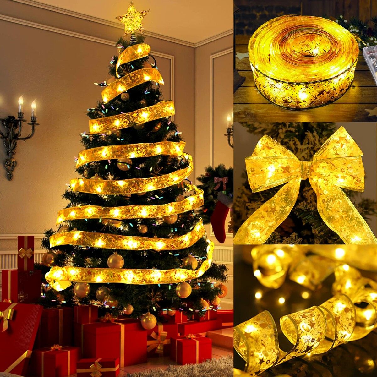 10M 100 LED Christmas Ribbon Lights - Colored Xmas Lighted Ribbon for Christmas Tree Decorations and Holiday Bow Fairy String Lights
