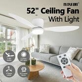 Ceiling Fan with Light Remote Control Overhead Electric Cooling Air Ventilation Quiet White Modern LED Lamp Indoor 3 ABS Blades 5 Speed Timer 132cm