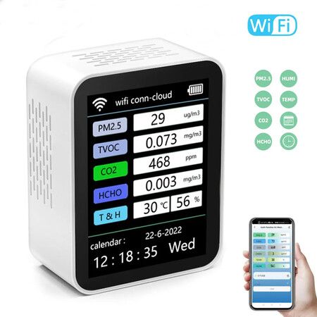WiFi 7 in 1 Smart Air Quality Monitor CO2 Meter TVOC HCHO PM2.5 Tester Digital CO2 Sensor Formaldehyde Gas Detector Tuya APP Color White