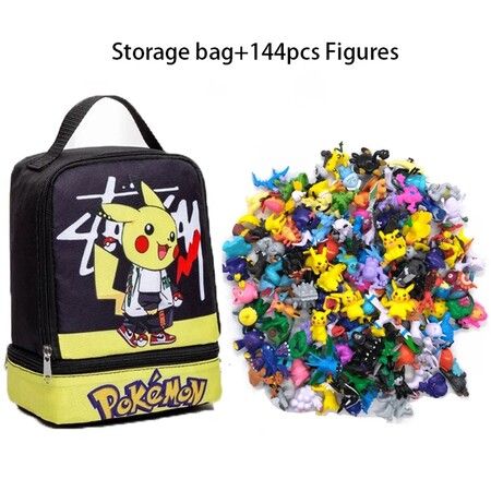 Pokemon Anime Figure with Storage Bag, Kawaii Action Figures, Pokeball Dolls for Kids, Toys Gifts, 144Pcs per Set (Black)