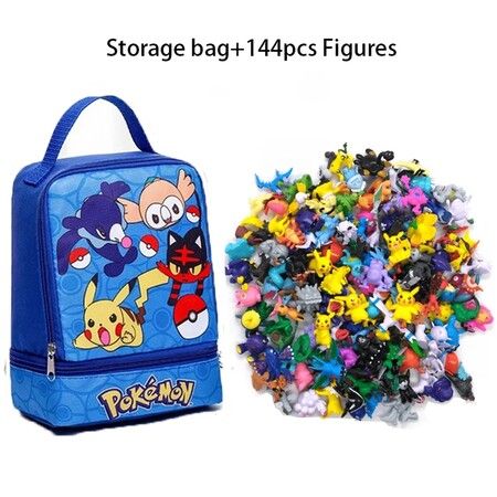 Pokemon Anime Figure with Storage Bag, Kawaii Action Figures, Pokeball Dolls for Kids, Toys Gifts, 144Pcs per Set (Blue)