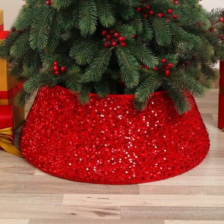40*60*20cm Red Sequins Christmas Tree Collar Sparkly Round Ring Embroidered Christmas Tree Base Basket for Christmas New Year Home Shiny Ornaments
