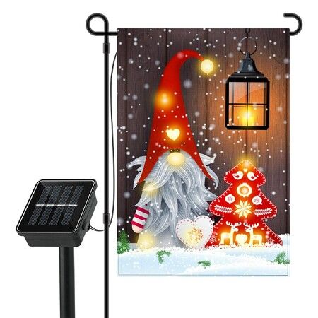 Solar Power GNOME Lighted Christmas Merry Christmas Lighted Garden Flag New Year Vintage Seasonal Outdoor Flag for Home Rustic Holiday   45x30cm