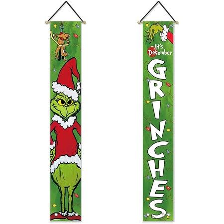 Christmas Grinch Banner for Front Door, Christmas Winter Holiday Hanging Banner Flag 30 x 180 cm