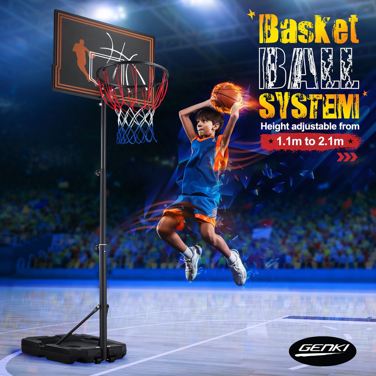 Genki 1.1 to 2.1m Portable Basketball System Stand Ring Hoop Height Adjustable Equipment Indoor for Kids Adults