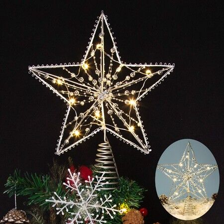 Sliver Christmas Tree Topper Star Decorations Xmas Tree Ornaments with Exquisite Beads 10 Warm LED Lights(Five-Point Hollow Star)
