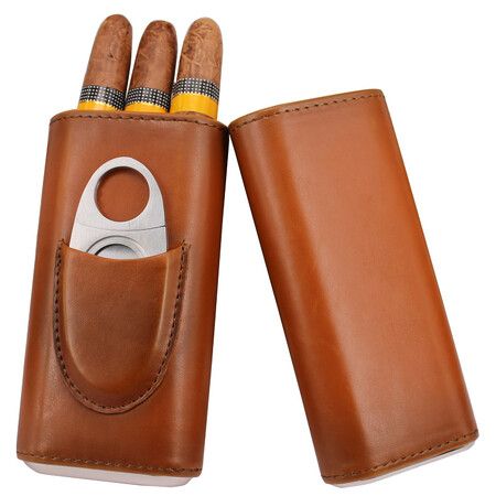 Premium 3- Finger Brown Leather Cigar Case,Cedar Wood Lined Cigar Humidor with Silver Stainless Steel Cutter