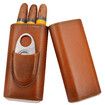 Premium 3- Finger Brown Leather Cigar Case,Cedar Wood Lined Cigar Humidor with Silver Stainless Steel Cutter