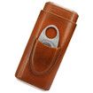 Premium 3- Finger Brown Leather Cigar Case,Cedar Wood Lined Cigar Humidor with Silver Stainless Steel Cutter