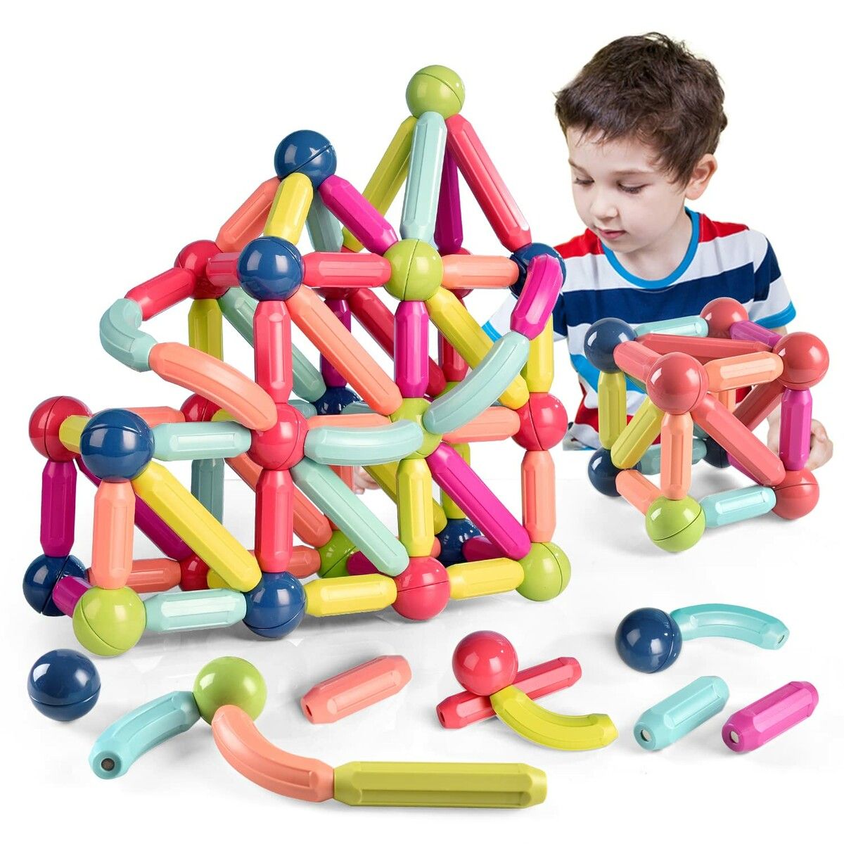 Magnetic Building Set 42 Pieces Balls Rods Safe Montessori Stacking Toys Educational Construction Play Fun Kids Ages 3+ Creative