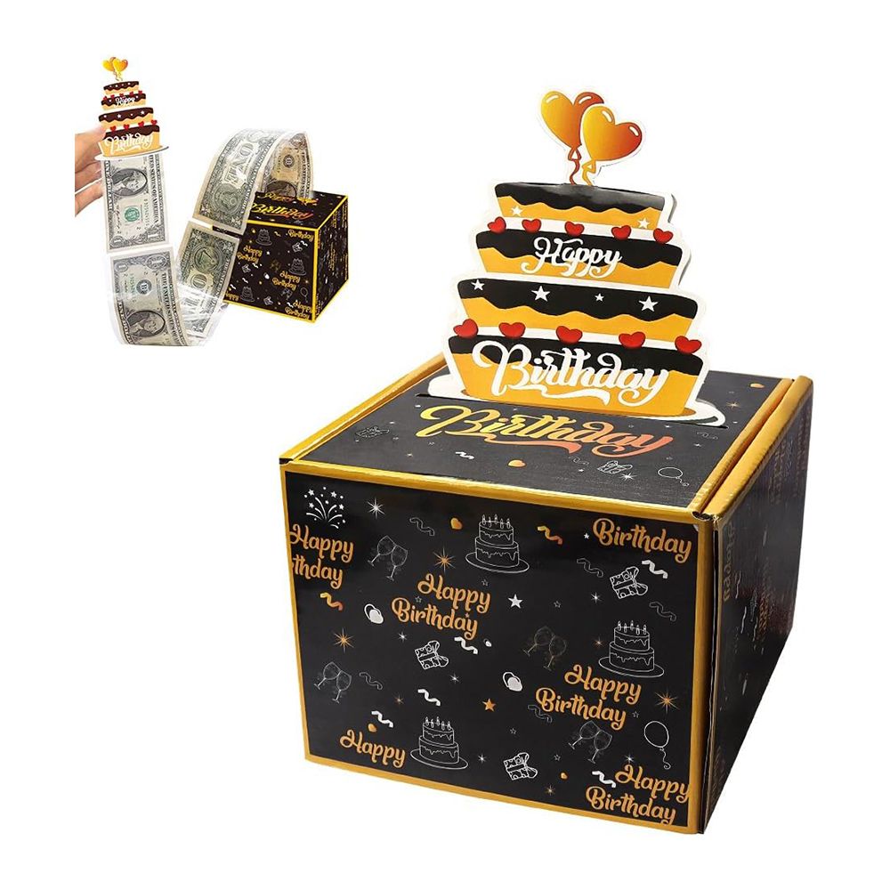 Happy Birthday Money Box for Cash Gift Pull, Black and Gold Birthday Surprise Money Gift Box for Friends and Family